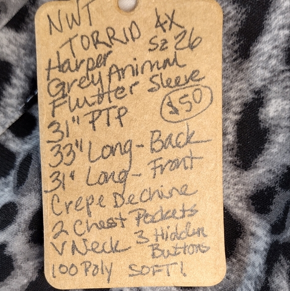 Sz 4X (26) NWT TORRID Harper Formal Grey Leopard Flutter Sleeves Vneck 31"PTP - Picture 7 of 14